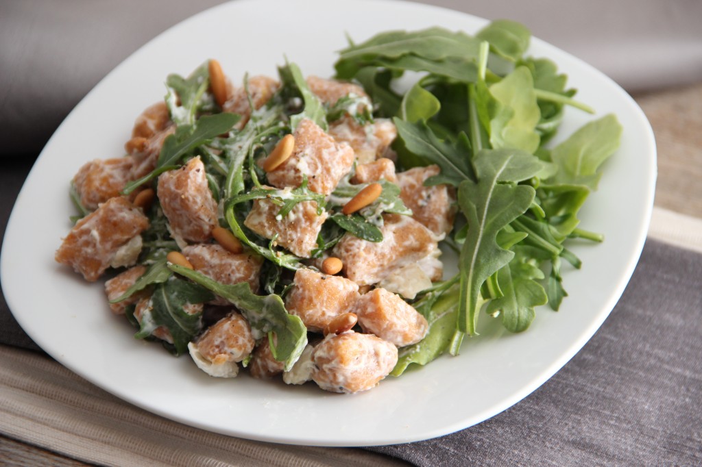 Sweet Potato Gnocchi with Cream Sauce, Arugula and Toasted Pine Nuts
